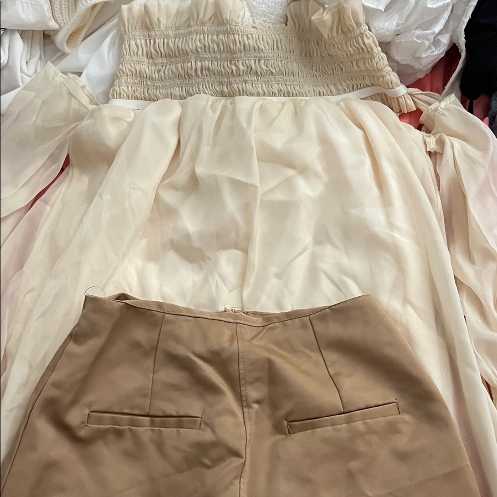 Cream Blouse and Tan Skirt Set